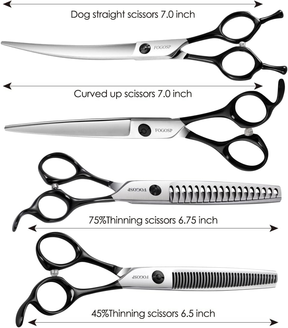Professional Dog Grooming Scissors Kit 4pcs FOGOSP 7 inch Curved Thinning Straight Chunker Shears for Dogs Cat Pets (7 in Kit, Black)