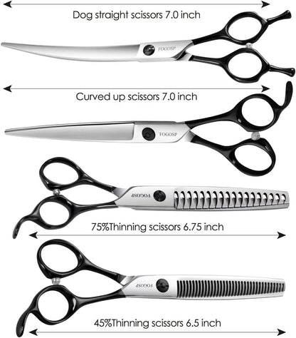Professional Dog Grooming Scissors Kit 4pcs FOGOSP 7 inch Curved Thinning Straight Chunker Shears for Dogs Cat Pets (7 in Kit, Black)