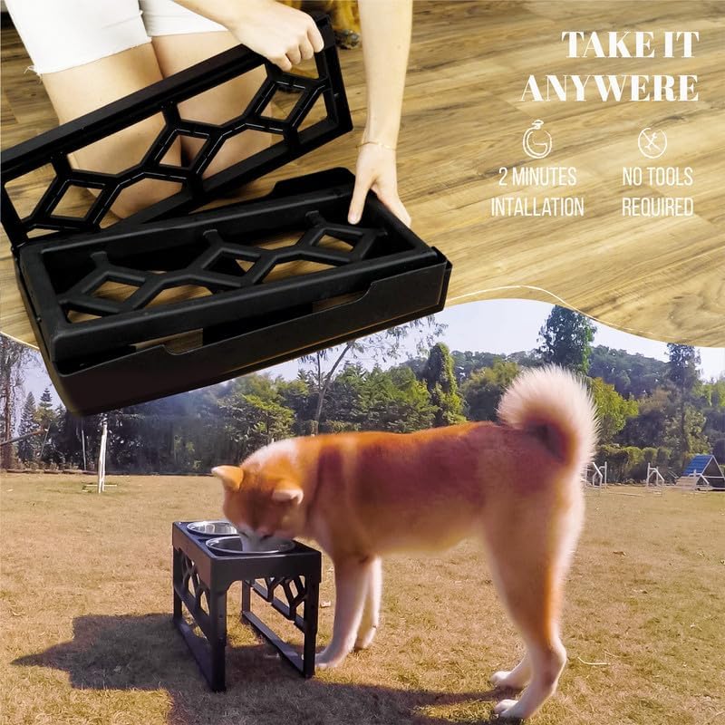 AVERYDAY Small Dog Bowls Elevated, 4 Height Adjustable Raised Dog Bowl Stand with 2 Stainless Steel Food and Water Bowls Set, Tall Dogs Feeding Station with Anti-Slip Base for Small Medium Breeds Dogs