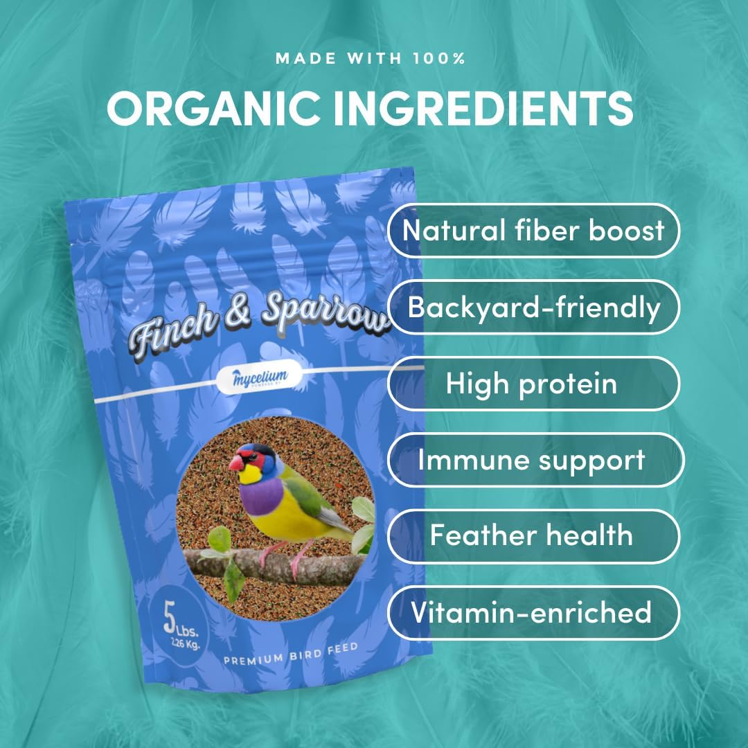 Mycelium Finch and Sparrow Plus | Organic & Non-GMO Bird Food with Vitamins, Seeds & Whole Eggs | Perfect for Outside Feeders | Sustainable Wild Bird Seed, 5 lbs