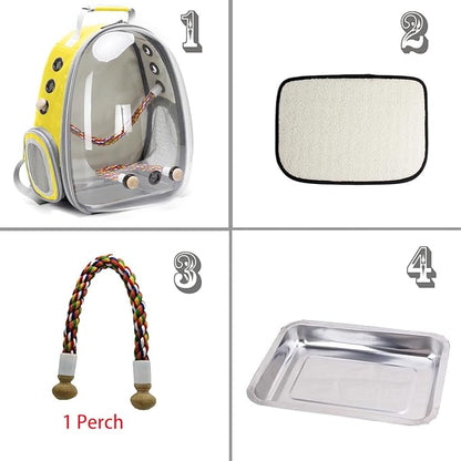Bird Traval Carrier Cage, Clear Space Capsule Astronaut Backpack to Carry Parakeet Cockatiel Parrot with Metal Tray Wood Perch, Vet Transport School Bag