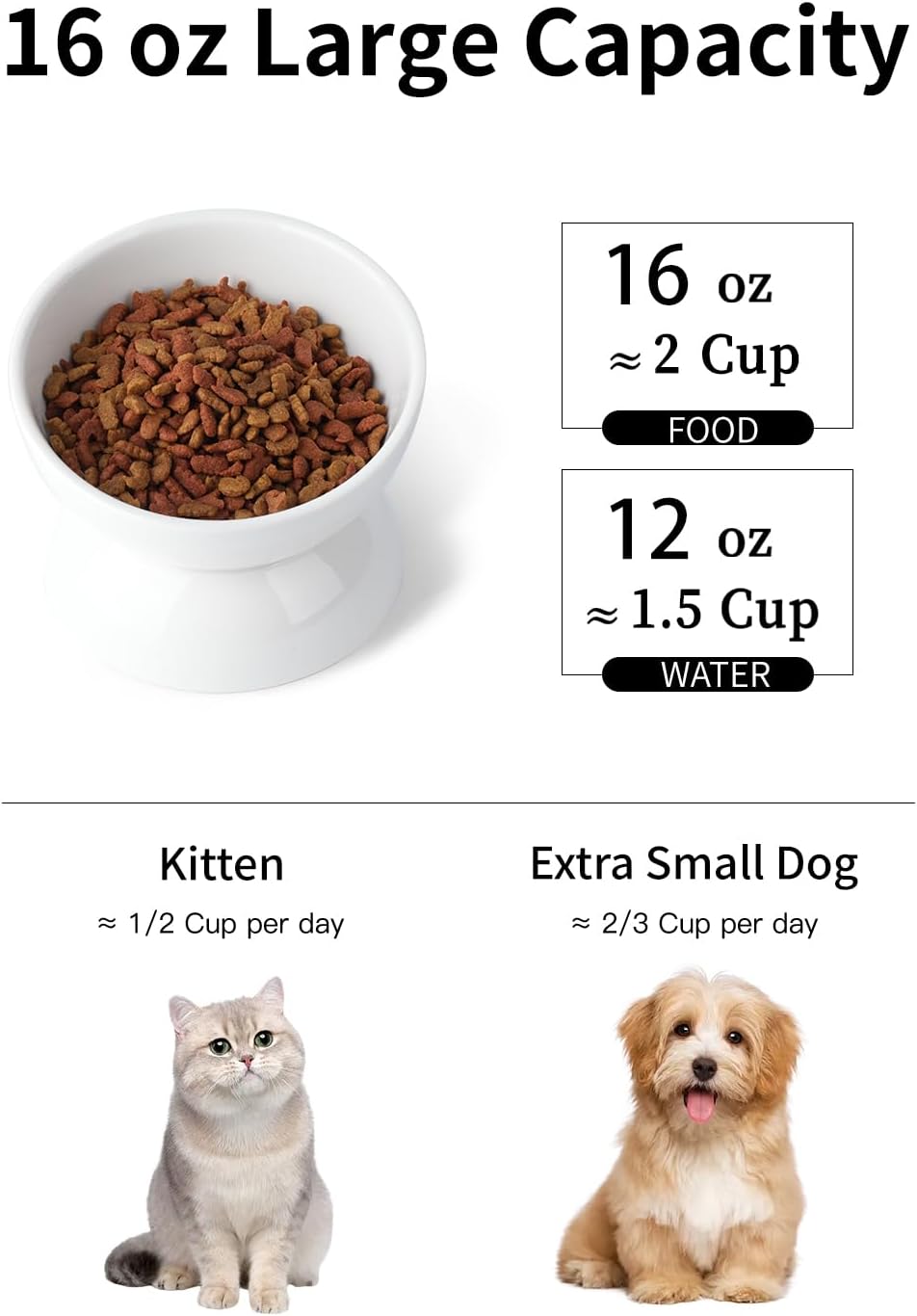 Cat Water Bowl, 16 OZ Ceramic Elevated Cat Bowls, 15° Tilted and Raised Pet Food Dish, Anti Vomiting Protect Pets' Spines and Whisker Fatigue