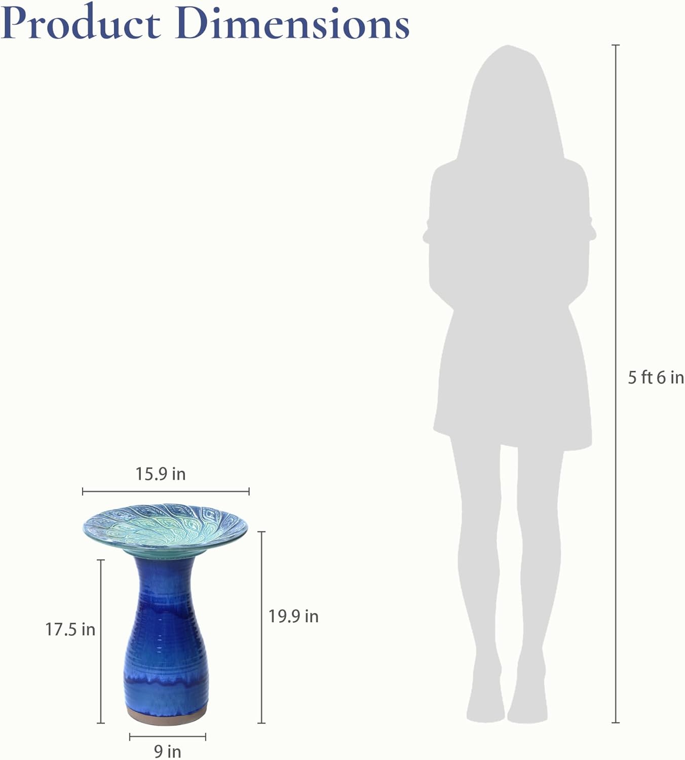 LuxenHome 20 Inch Ceramic Bird Bath for Outside, Elegant Tall Outdoor Bird Bath, Lightweight Pedestal Glazed Birdbaths for Outdoors with Leaf Pattern, Deep Cobalt Blue