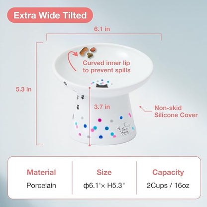 Necoichi Raised Cat Food Bowl – Ceramic Elevated 15° Tilted Cat Bowl for Whisker & Neck Fatigue Dishwasher Microwave Safe – Non-Slip Anti Vomiting Ergonomic Design (Colorful Dots, Extra Wide Tilted)