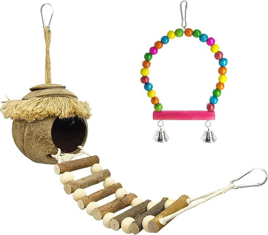 Hamiledyi Coconut Bird Nest Hut with Ladder Hanging Birds Hide House for Parrots Parakeet Conures Cockatiel
