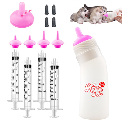 Pet Feeding Nipple with Syringe, Soft Silicone Nursing Pet Feeding Bottle, Ventilation Valve Resistant Tearing for Puppies, Kittens, Rabbit, Small Wildlife (L Nipple,Pink)
