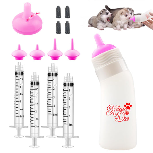 Pet Feeding Nipple with Syringe, Soft Silicone Nursing Pet Feeding Bottle, Ventilation Valve Resistant Tearing for Puppies, Kittens, Rabbit, Small Wildlife (L Nipple,Pink)