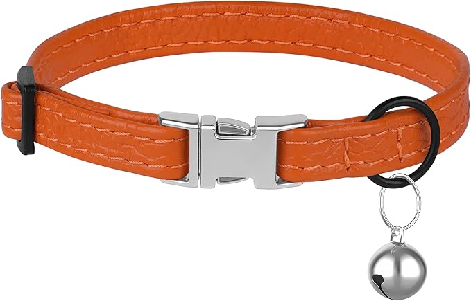 Leather Cat Collar with Buckle and Removable Bell - Non Breakaway Adjustable Soft Safety Small Pet Collars for Girl Boy Cats Kitten (Orange)