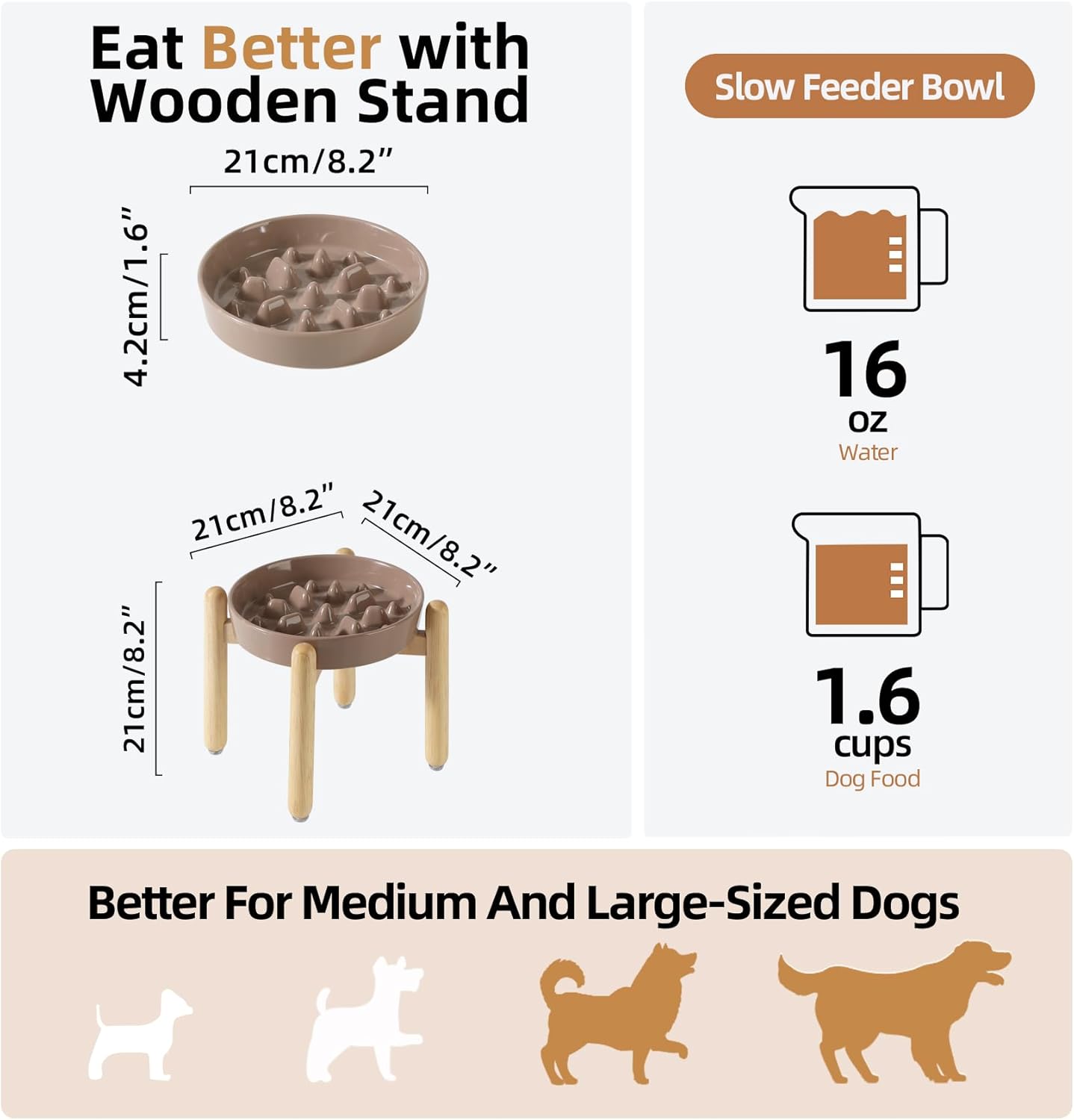 Ceramic 1.6 Cup Dog Raised Slow Feeder Set, Elevated Bowl with Wooden Stand for Medium and Large Dog, 8.2inch Slow Feeder Dish for Fast Easters, Anti-Gulping(Brown Coffee, Single Bowl+ Stand)