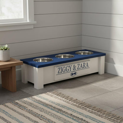 GrooveThis Woodshop - Personalized Elevated Triple Dog Bowl Stand for Large, Medium, Small, X-Small Dogs - 3 Stainless Steel Food and Water Bowls - Raised Dog Dish with Internal Storage (Small, Blue)