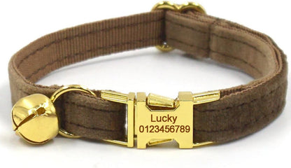 Personalized Cat Collar with Bells,Velvet Customized Small Cat Collar with Name Tag,Pet Collar with Name Phone Number Engraved ID Tags for Boy and Girl Kitten Cats (Brown)