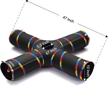 47" Long Cat Tunnels - 4 Way Cat Tunnel for Indoor Cats Play & Exploration - Collapsible Pop Up Tubes for Ferrets, Rabbits, and Small Dogs Fun, with Play Ball and Mouse Toy