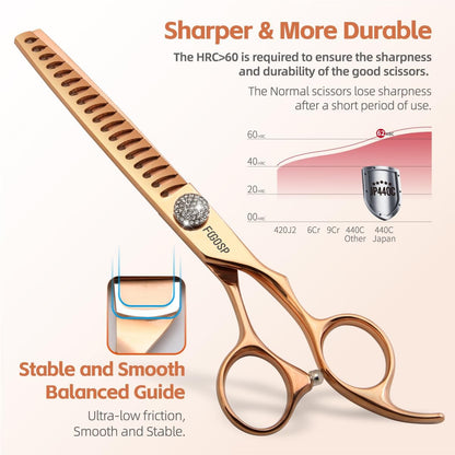 Rose Gold Titanium Chunkers Dog Grooming Scissors 7'' Professional Thinning Shears for Dogs Shih Tzu Teddy Pet Japanese 440C 70% Thinning Rate 18 Teeth(7,Chunker)