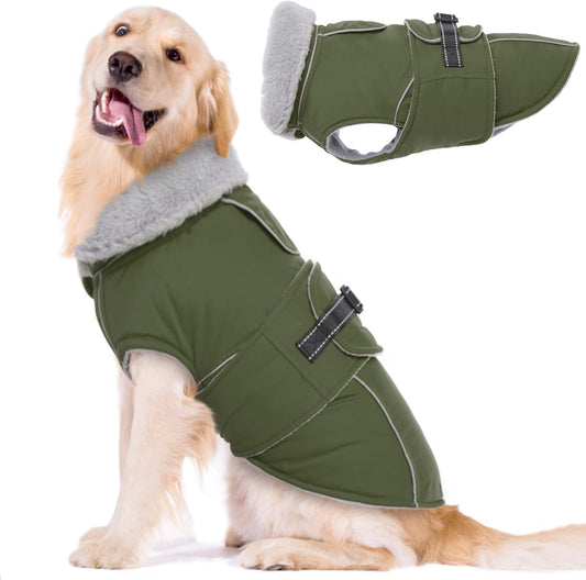 Lelepet Warm Dog Coat Reflective Fleece Vest Waterproof Dog Jacket with Adjustable Buckle Hook & Loop Windproof Cold Weather Coats for Small Medium Large Dogs, Army Green, XL