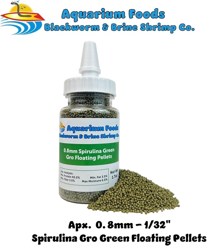 Aquatic Foods Inc. 0.8mm Micro Spirulina Green GRO Floating Pellets for Guppies, Tetras, Bettas, Nano Fish, All Baby Fish…1.7oz Squeeze Bottle