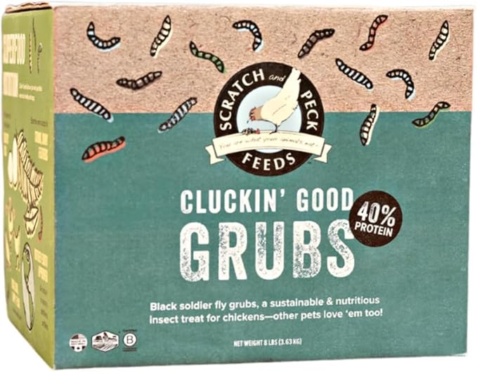 Scratch and Peck Feeds Cluckin' Good Grubs for Chickens - Natural Protein and Calcium Supplement Feed - Dried Black Soldier Fly Larvae Bird Treats - Grown in The USA (8 Pound)