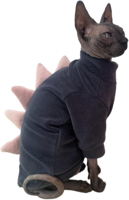 Dinosaur Sphynx Cat Clothes, Soft Polar Fleece Sweater for Cat, Elastic Pet Clothes Thick Winter Warm Outfit for Hairless Cat, Devon, Cornish, Small Dogs Apparel with Sleeves (Grey, Small)
