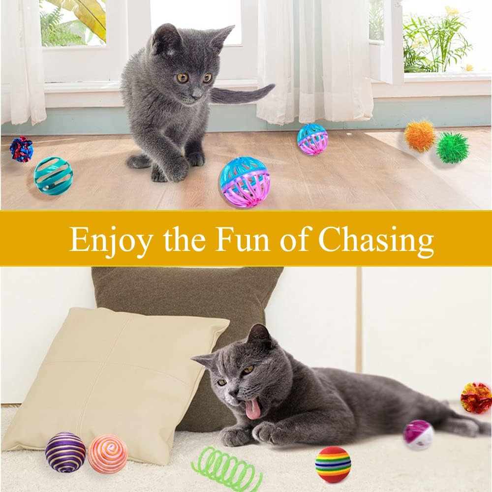 LASOCUHOO Cat Toys Kitten Assortment - Rainbow, Crinkle, Sparkle, Bell & Sisal Balls for All Cats - 30 Packs