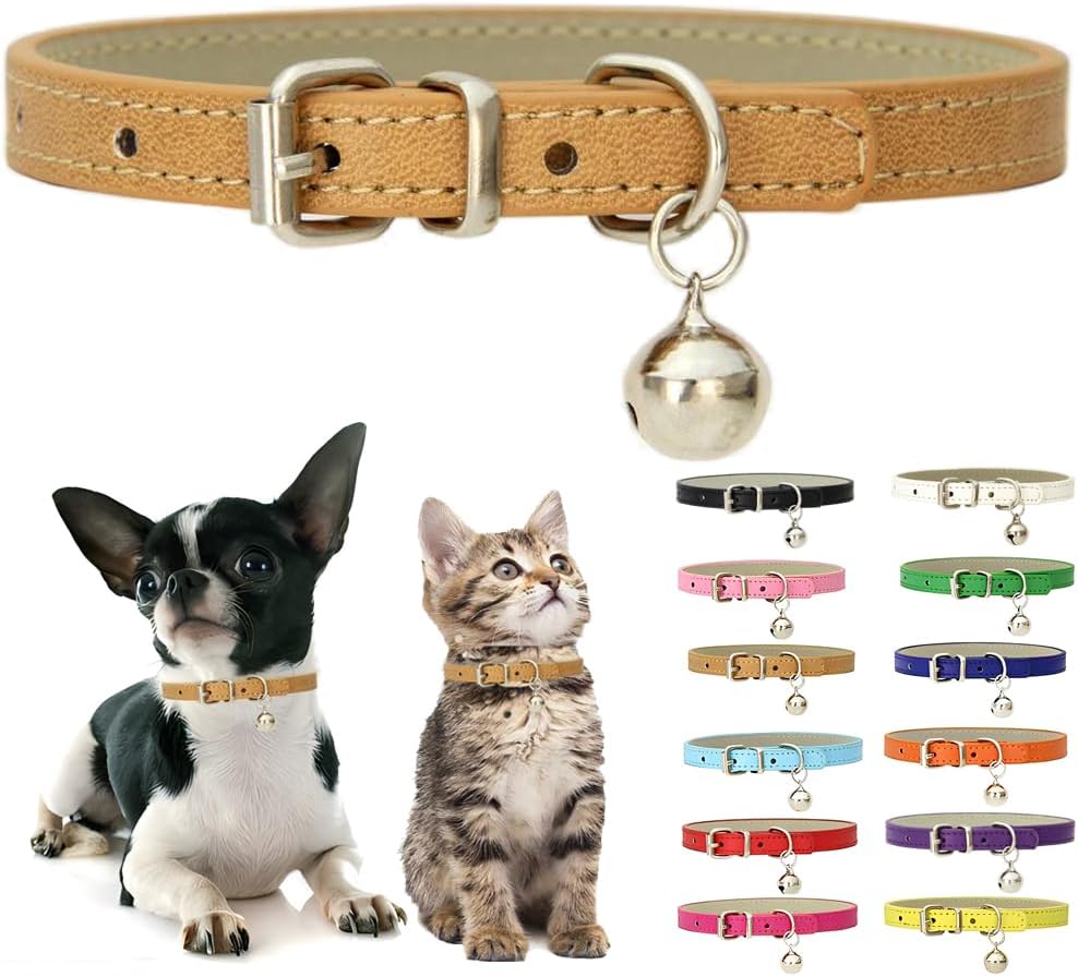 Khaki Puppy Collar with Bell, Soft Pu Leather Cat Collars Adjustable Buckle for XXS XS Extra Small Medium Tiny Female Male Boys Girls Pets Dogs Kitten Teacup Yorkie S