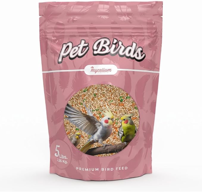 Mycelium Pet Bird Superfood | Bird Seed for Parakeets, Finches, Canaries | Vitamin-Enhanced Mix with Egg, Millet, Canary Seed, & Kelp | Feather & Molting Support | Organic & Non-GMO 5 lb Bag
