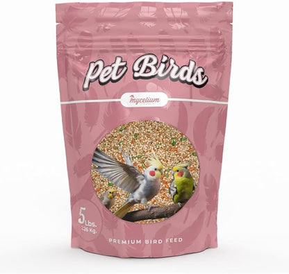 Mycelium Pet Bird Superfood | Bird Seed for Parakeets, Finches, Canaries | Vitamin-Enhanced Mix with Egg, Millet, Canary Seed, & Kelp | Feather & Molting Support | Organic & Non-GMO 5 lb Bag