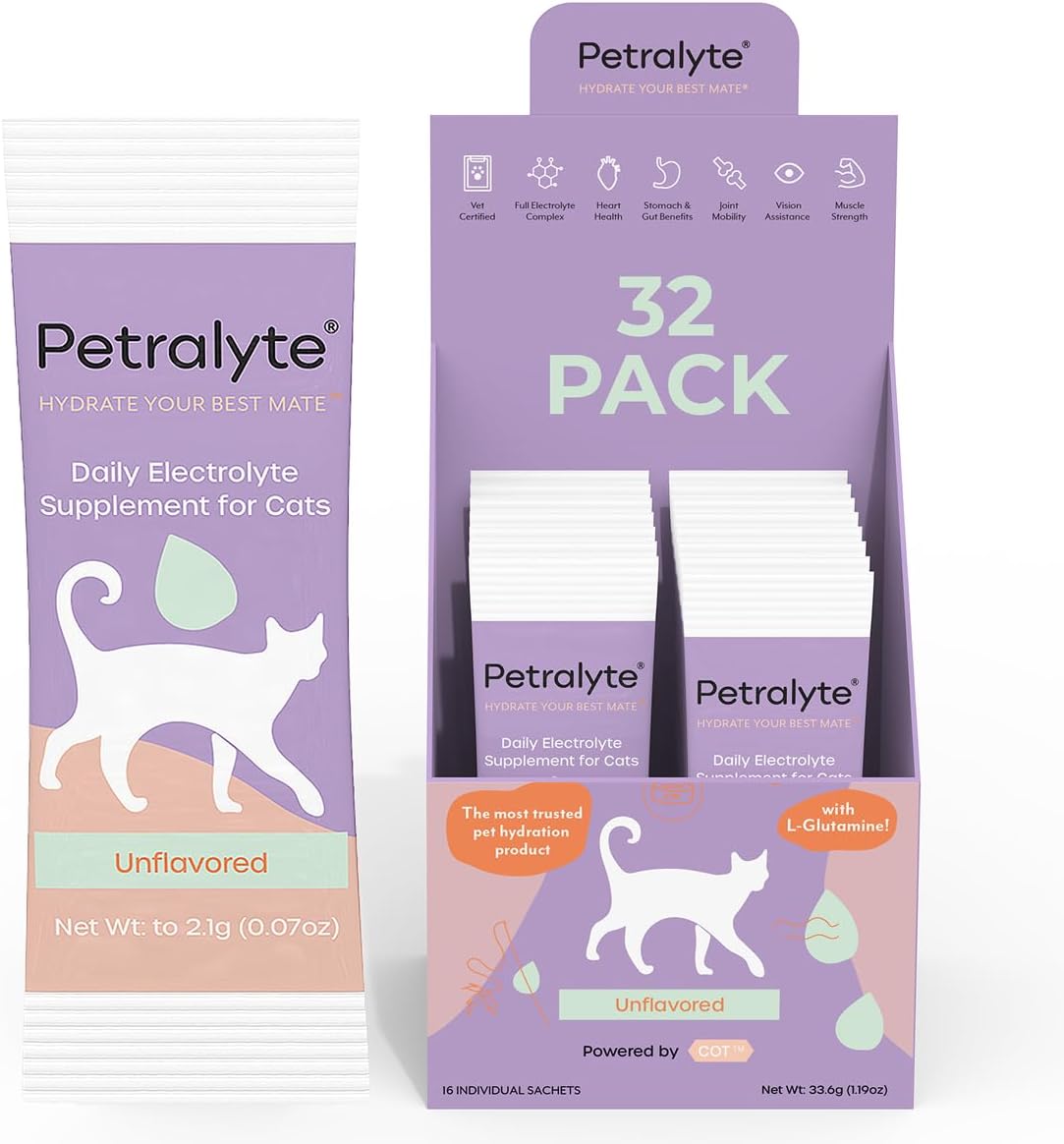 Petralyte Cat Hydration Electrolyte and Cat Joint Supplement | Hydration Support for Cats w/Glucosamine, Chondroitin, L-Glutamine, Taurine, Lysine & Prebiotics | Unflavored | 32 Packets