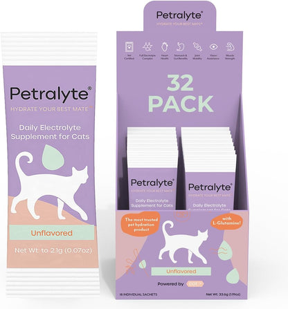 Petralyte Cat Hydration Electrolyte and Cat Joint Supplement | Hydration Support for Cats w/Glucosamine, Chondroitin, L-Glutamine, Taurine, Lysine & Prebiotics | Unflavored | 32 Packets