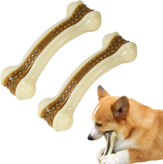 Dog Bones for Aggressive Chewers, 2 Pack Real Beef Flavor Puppy Teething Toys for Medium/Small Breeds, Nylon Durable Dog Chew Toys