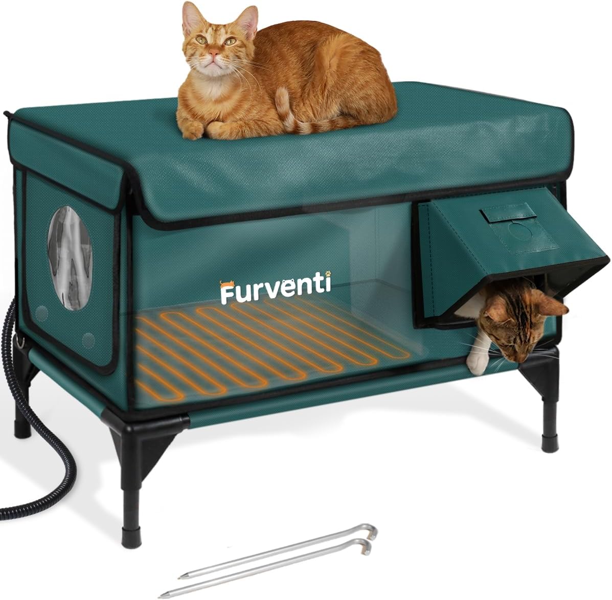 Outdoor Heated Cat House in Winter,Extremely Insulated & Weatherproof,Elevated Feral Cat Shelter with Waterproof Eaves & Escape Door for Outside Stray Barn Cat (Dark Green, XL)