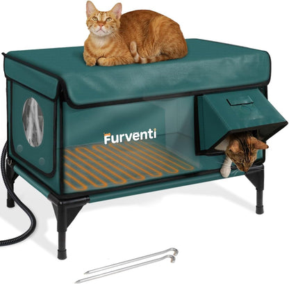 Outdoor Heated Cat House in Winter,Extremely Insulated & Weatherproof,Elevated Feral Cat Shelter with Waterproof Eaves & Escape Door for Outside Stray Barn Cat (Dark Green, XL)