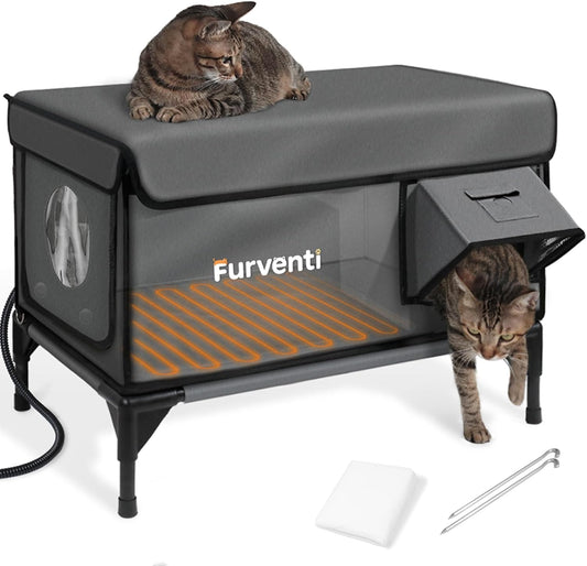 Heated Cat House for Outside,Dual Camera Mounts,100% Weatherproof & Extremely Insulated,Elevated Feral Cat Shelter with Escape Door,Waterproof Eaves for Outdoor Stray Barn Cat(Dark Grey,L)