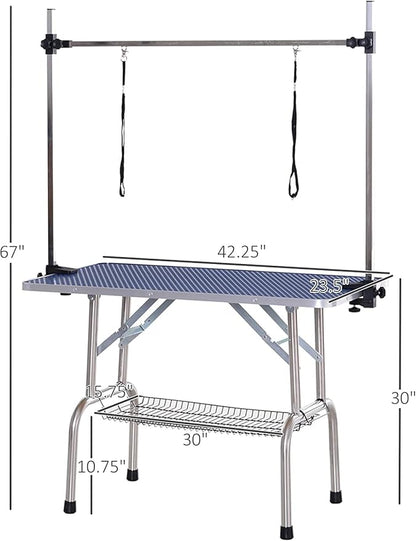 42" Dog Grooming Table Foldable Pet Grooming Tables with Adjustable Arm Noose Storage Mesh Tray Maximum Capacity Up to 330lbs Blue