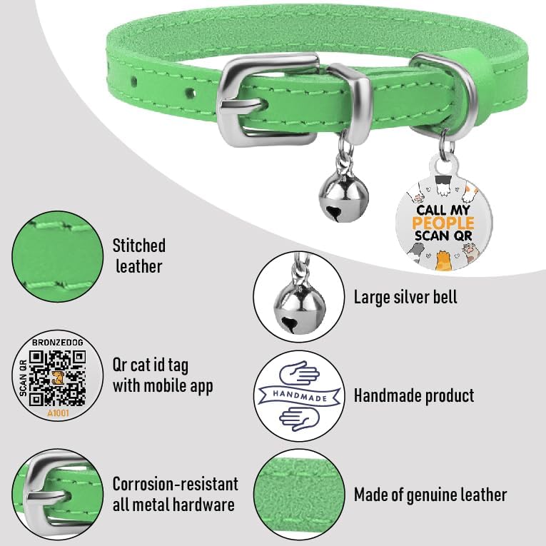 BRONZEDOG Leather Cat Collar with Removable Bells Non Breakaway Kitten QR Tag for Girl Boy (9" - 12" Cats/Mini Dogs, Green & Silver)