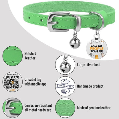 BRONZEDOG Leather Cat Collar with Removable Bells Non Breakaway Kitten QR Tag for Girl Boy (9" - 12" Cats/Mini Dogs, Green & Silver)