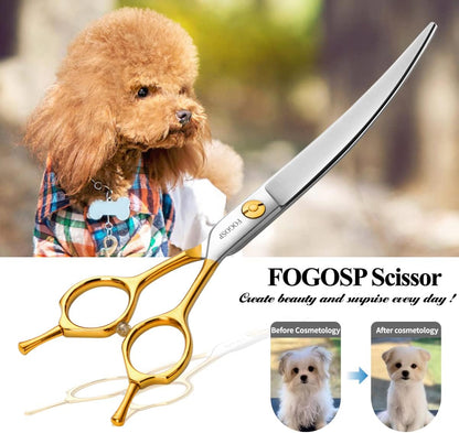 Curved Dog Grooming Scissors Professional 7.5" Grooming Shears for Dogs Pet Right Handed Groomer Japan 440C Stainless Steel (7.5 in Curved, Gold)