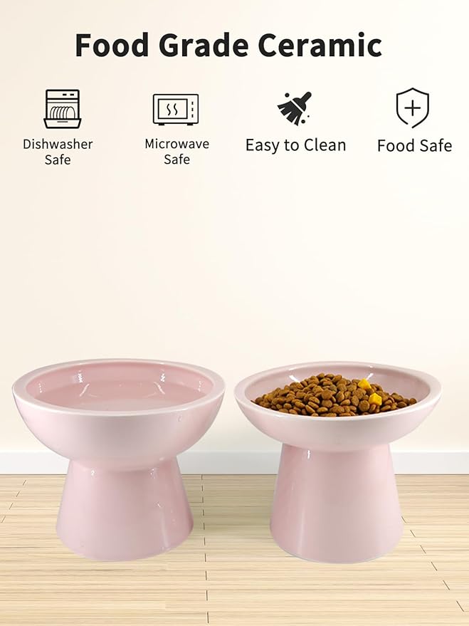 LoeJan Elevated Food and Water Bowls Set, Extra Wide and Raised Ceramic Feeder, Anti-Vomit Whisker-Free Pressure Feeding Bowl for Kittens, Adult Cats, Small Dogs (Pink, Bowl Set)