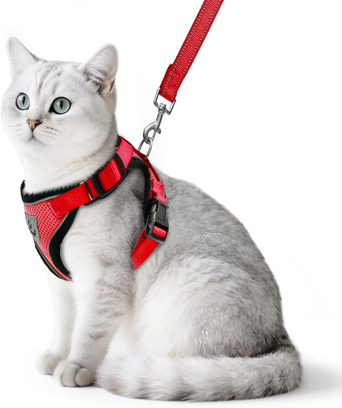 PUPTECK Cat Harness and Leash Set Escape Proof Reflective Cat Walking Harness Adjustable Soft Breathable Mesh Vest for Small Pets, Red, S