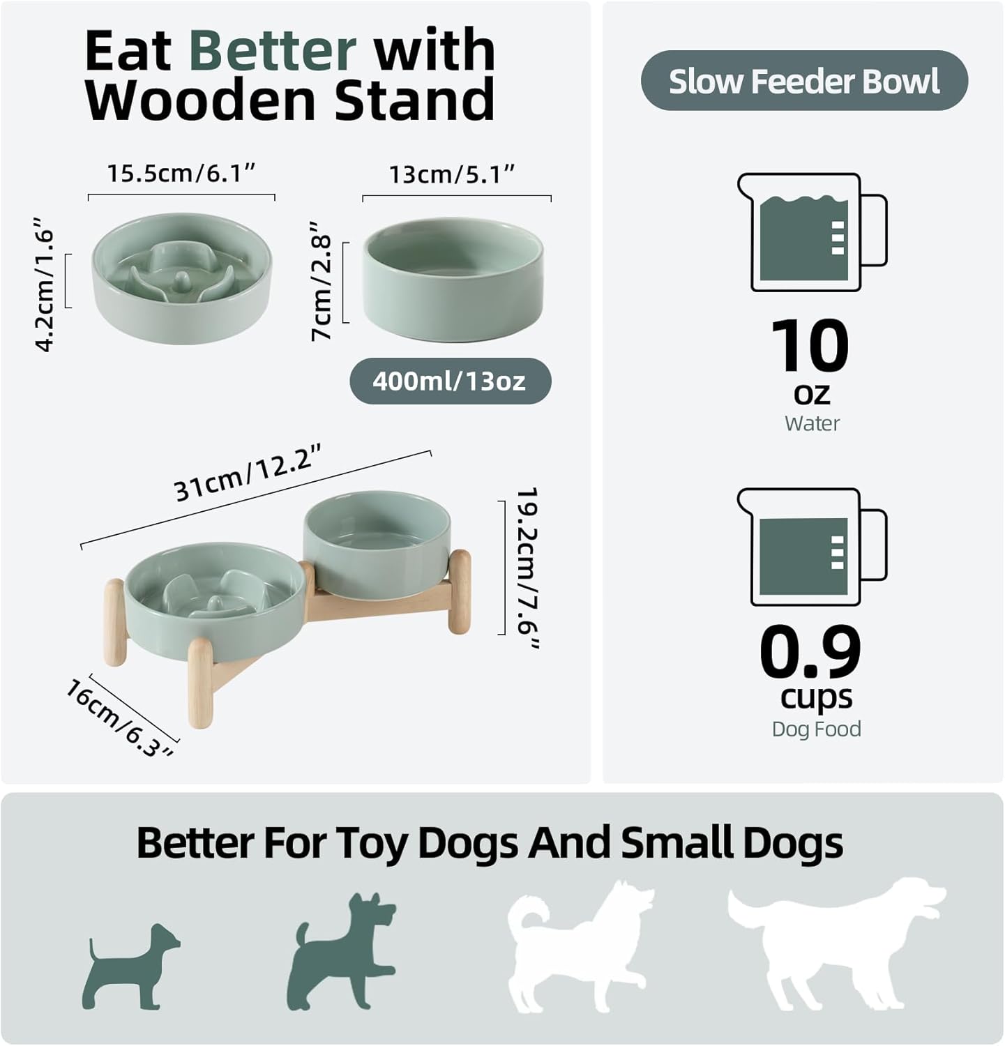 Ceramic 0.9 Cup Raised Slow Feeder Dog Bowl Set, Elevated 5.1inch Water Bowl and 6.1inch Puzzle Slow Pet Food Dish with Wooden Stand for Small Dog and Cat(2 x Light Green+ Stand)