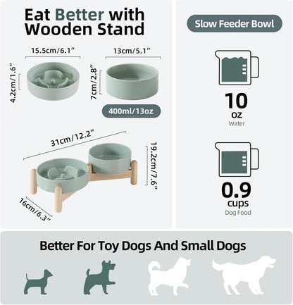 Ceramic 0.9 Cup Raised Slow Feeder Dog Bowl Set, Elevated 5.1inch Water Bowl and 6.1inch Puzzle Slow Pet Food Dish with Wooden Stand for Small Dog and Cat(2 x Light Green+ Stand)