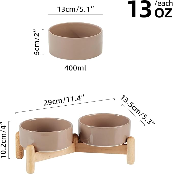Ceramic 5.1inch Raised Double Bowls Set with Wooden Stand, Elevated Food & Water Bowls for Small Breed Dogs, Cats, Kitty, Weighted Dog Dishes, Pet Bowls(13.5oz, Brown Coffee)