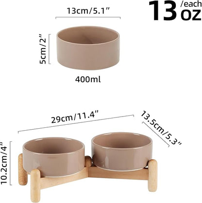 Ceramic 5.1inch Raised Double Bowls Set with Wooden Stand, Elevated Food & Water Bowls for Small Breed Dogs, Cats, Kitty, Weighted Dog Dishes, Pet Bowls(13.5oz, Brown Coffee)