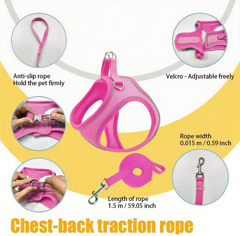 Dog Harness Medium Sized Dog, Dog Harness with Leash Set, Comfortable Air Mesh Dog Vest Harness with Reflective Strip, Reflective for Safe Easy Walking Dogs, Cats, Pink M