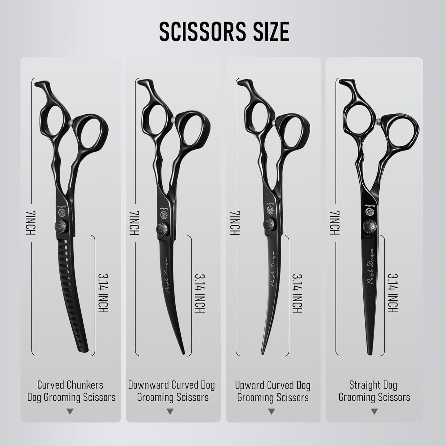 Purple Dragon Dog Grooming Scissors Set - Curved Chunkers, Straight, Up & Down Curved Scissors and Comb, 7 Inch Black Shears with Adjustable Screw for Dogs and Cats