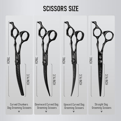 Purple Dragon Dog Grooming Scissors Set - Curved Chunkers, Straight, Up & Down Curved Scissors and Comb, 7 Inch Black Shears with Adjustable Screw for Dogs and Cats