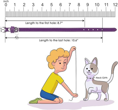 PUPTECK 2 PCS Soft Genuine Leather Cat Kitten Collar with Bells Adjustable for Girl Boy Cats Puppy - Yellow Green, Deep Purple