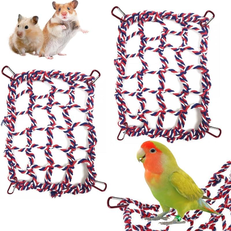 2 Pcs Cotton Rope Hammock & Bridge with 4 Hooks for Cage Accessories - Rat, Bird & Hamster (12.6 x 9.84 inch, Red)