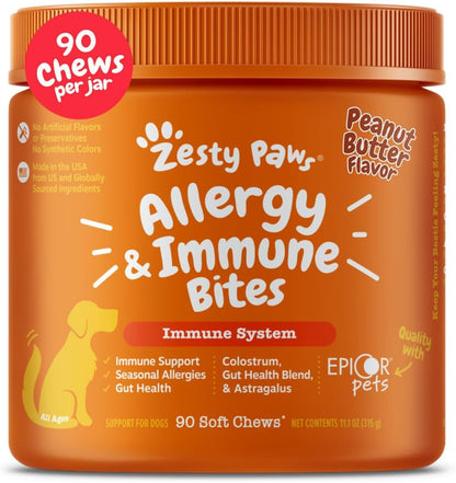 Zesty Paws Dog Allergy Relief- Dog Itching Skin Relief- Dog Probiotics for Itchy Skin and Itchy Ears- Dog Allergy Paw Relief- Dog Allergy Chews- Dog Itch Relief - Dog Skin Allergy Relief - PB - 90ct