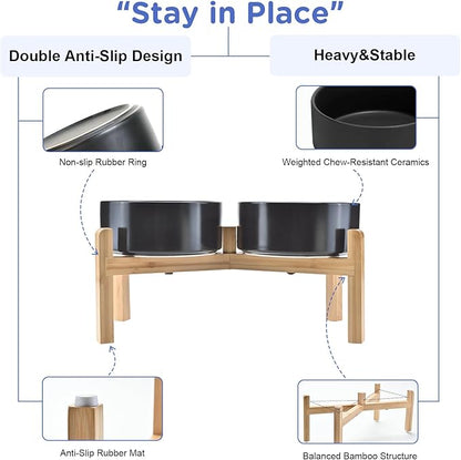 SPUNKYJUNKY Elevated Dog Bowls Ceramic, 7.3'' Dogs Food Water Bowls Raised with Non-Slip Bamboo Stand for Medium to Large Sized Breed Microwave Dishwasher Safe - 42 OZ,Black