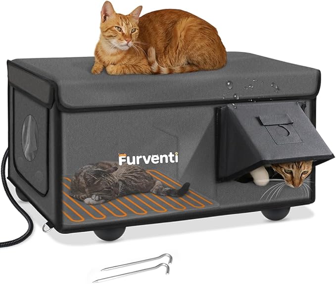 Outdoor Heated Cat House in Winter,Extremely Insulated & Weatherproof,Feral Cat Shelter with Waterproof Eaves & Escape Door for Outside Stray Barn Cat(Dark Grey,23.6"x16.5"x13.4")