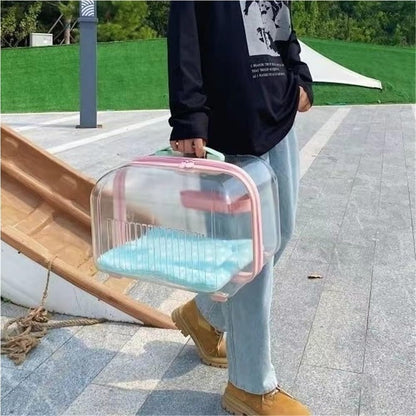 Rolling Pet Trolley Case, Portable Hard Shell Pet Carrier, Clear Plastic Cat Travel Box, Suitable for Cats and Dogs(Pink,9.8 * 11.0 * 15.4in)